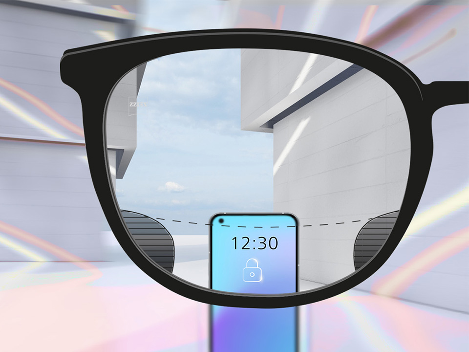 Anti-fatigue lens viewing a phone screen with reduced glare